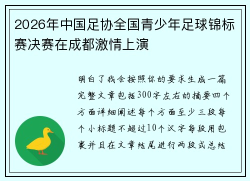 2026年中国足协全国青少年足球锦标赛决赛在成都激情上演