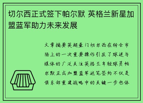 切尔西正式签下帕尔默 英格兰新星加盟蓝军助力未来发展